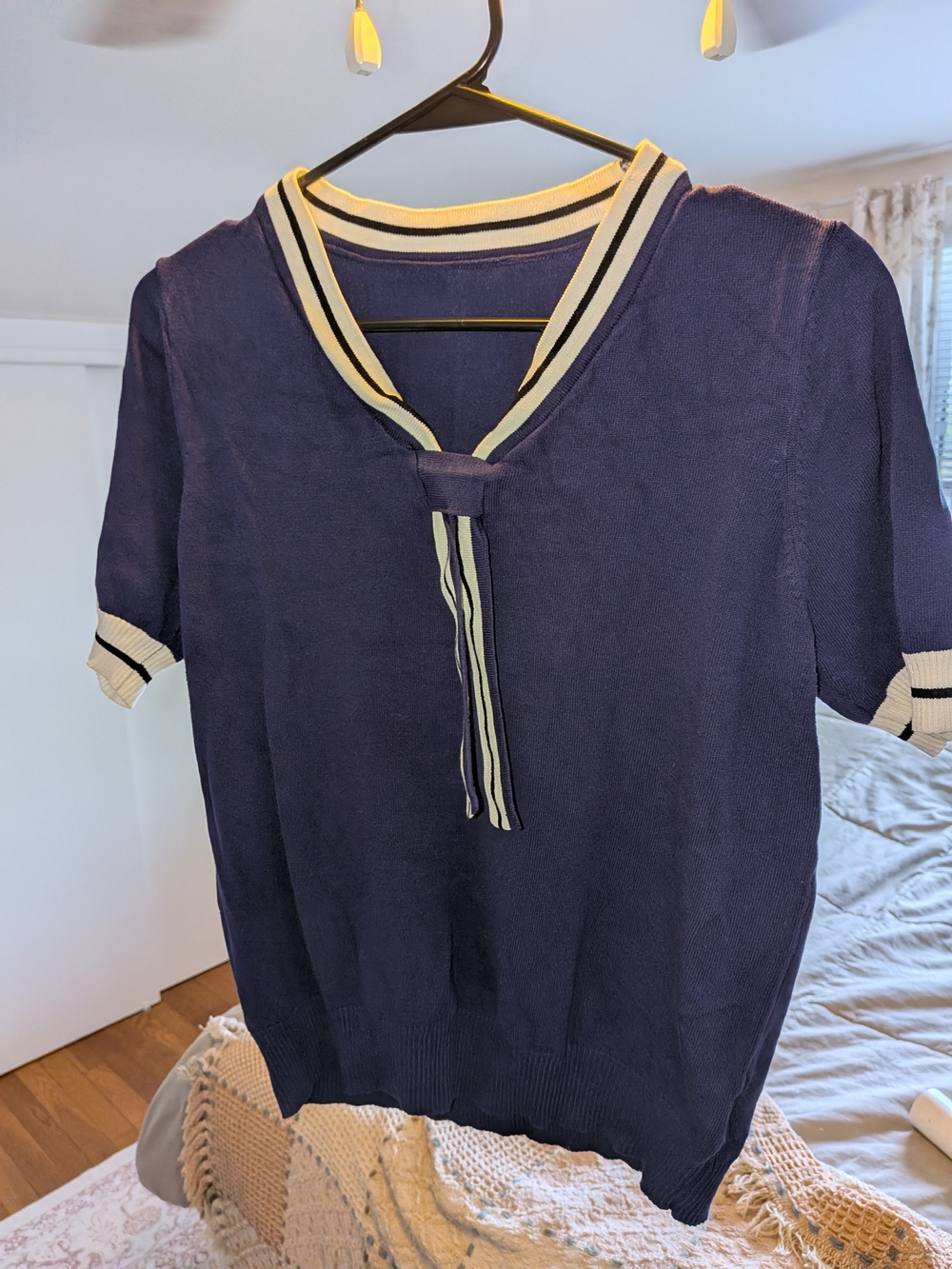 SHEIN Navy Ribbed Knit Top with Sailor Collar